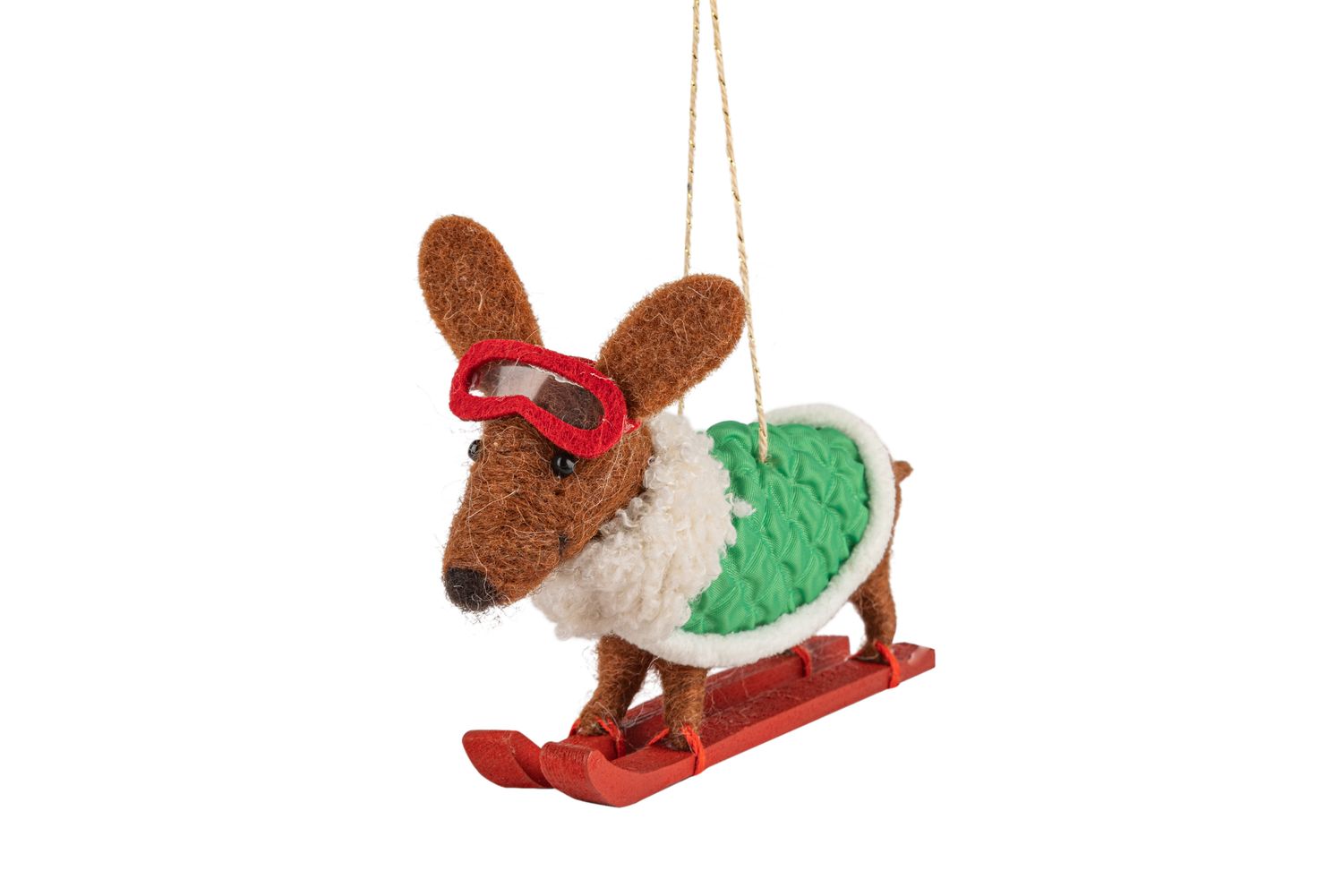 Felt dachshund on skis ornament, green jacket, 5.5 in  6