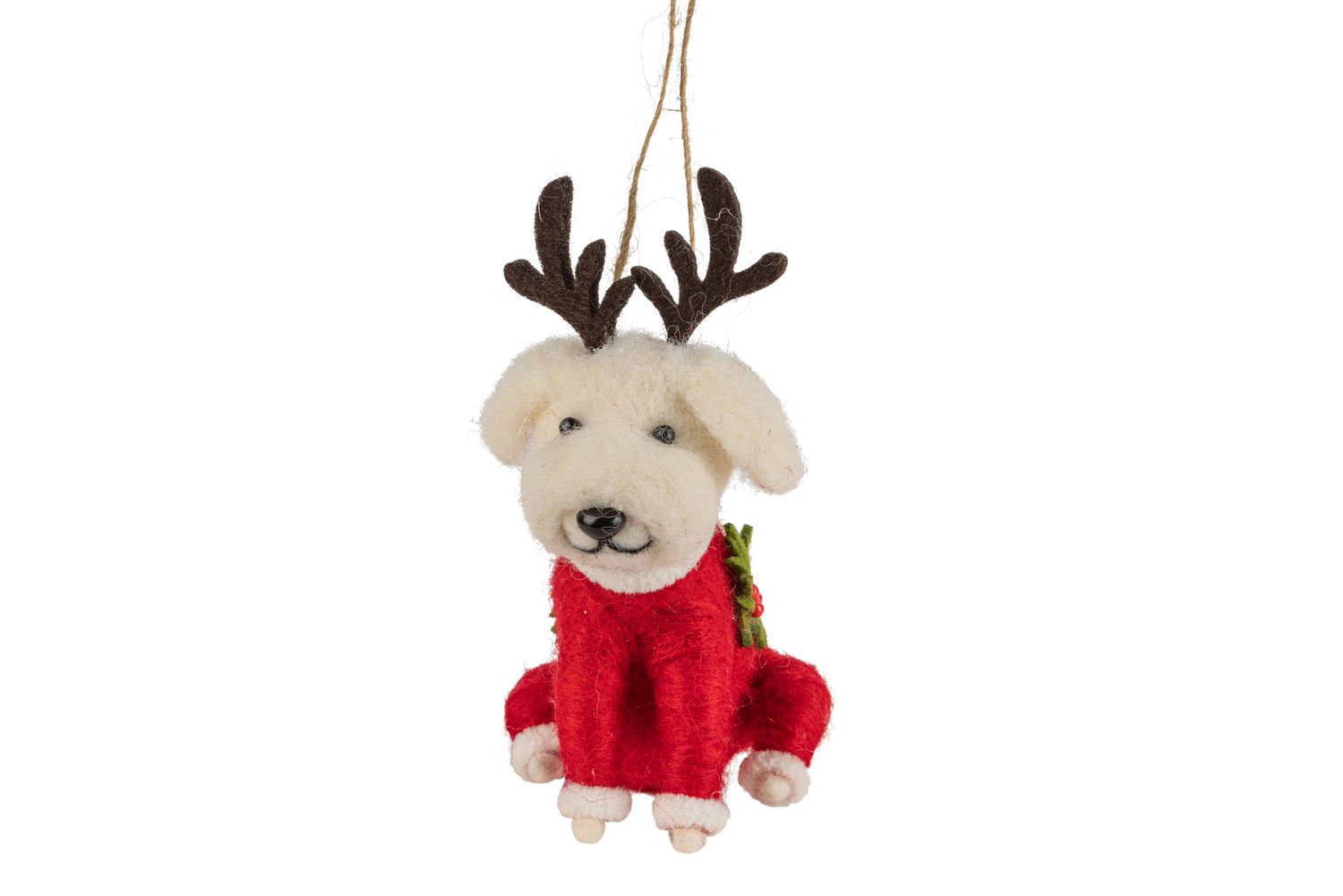 Felt baby white puppy ornament with antlers in red sweater, 4.5 in  6