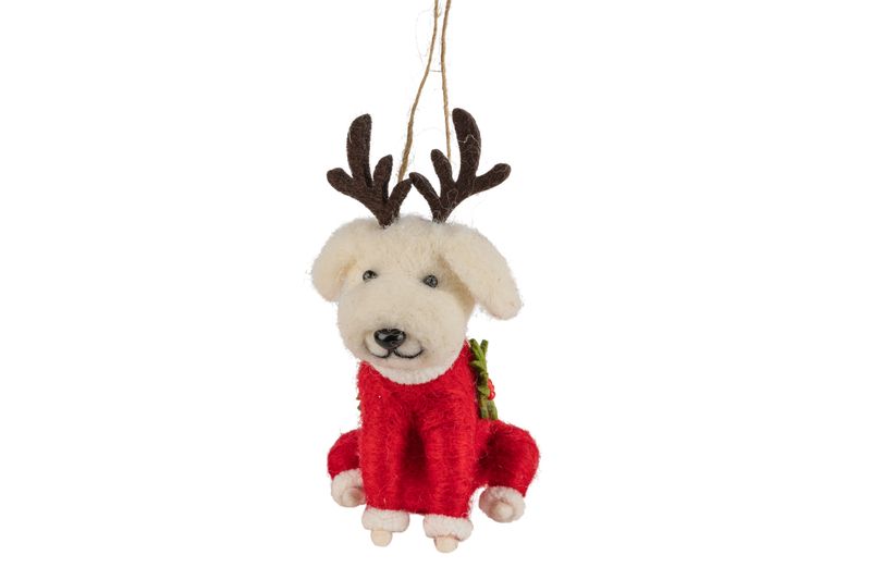 Felt baby white puppy ornament with antlers in red sweater, 4.5 in  6