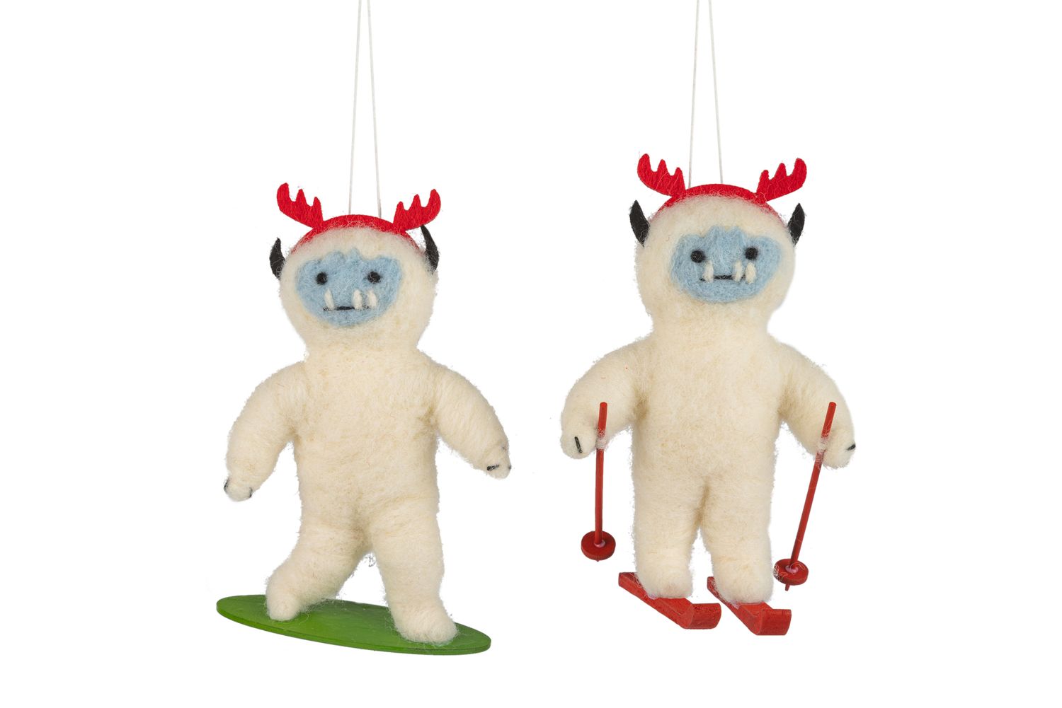 2 Asst&#39;d felt skiing snowboarding yeti ornaments, 6 in  6