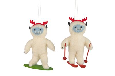 2 Asst&#39;d felt skiing snowboarding yeti ornaments, 6 in  6