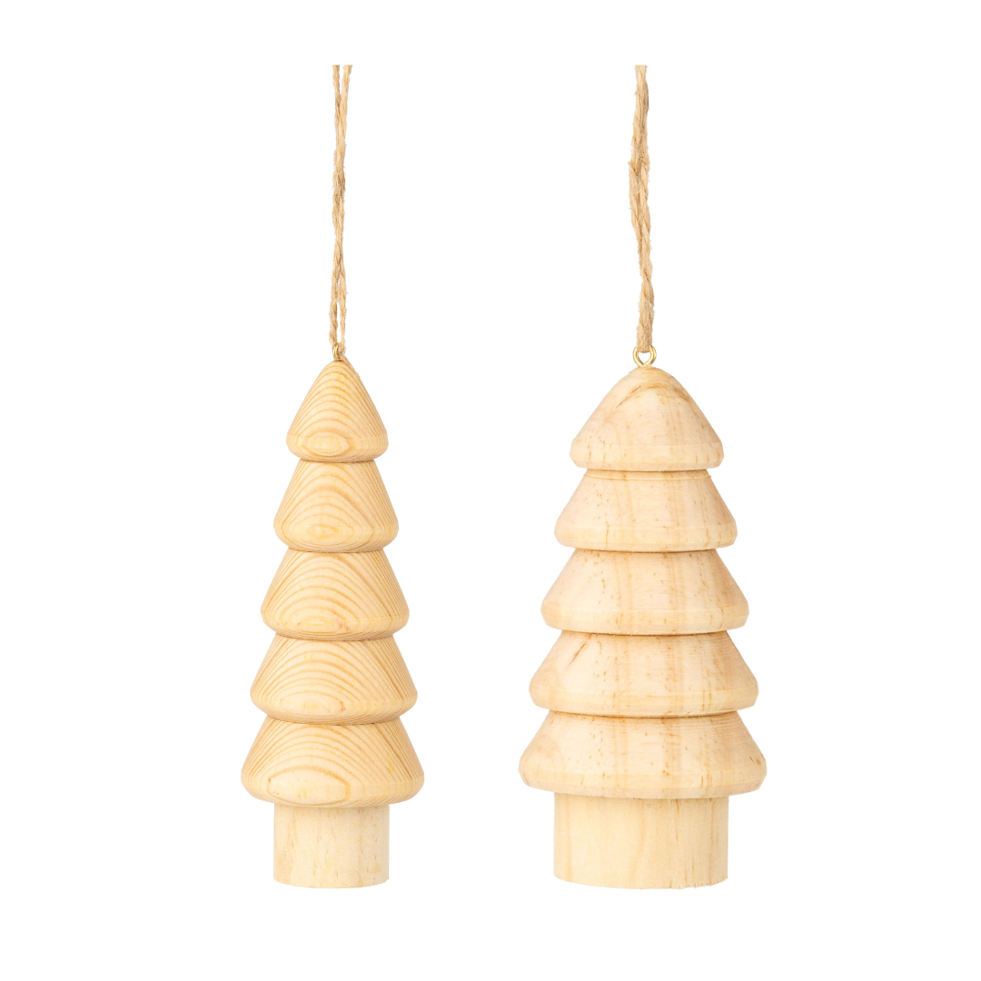 2 Asst&#39;d solid turned natural wood tree ornaments, 6.5 in  24