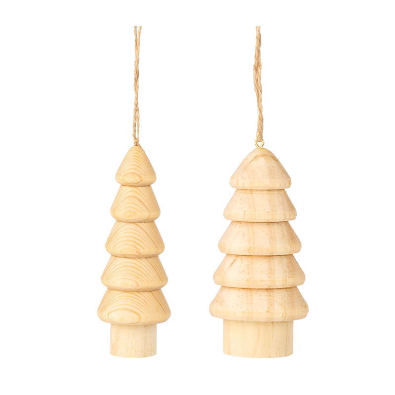 2 Asst&#39;d solid turned natural wood tree ornaments, 6.5 in  24