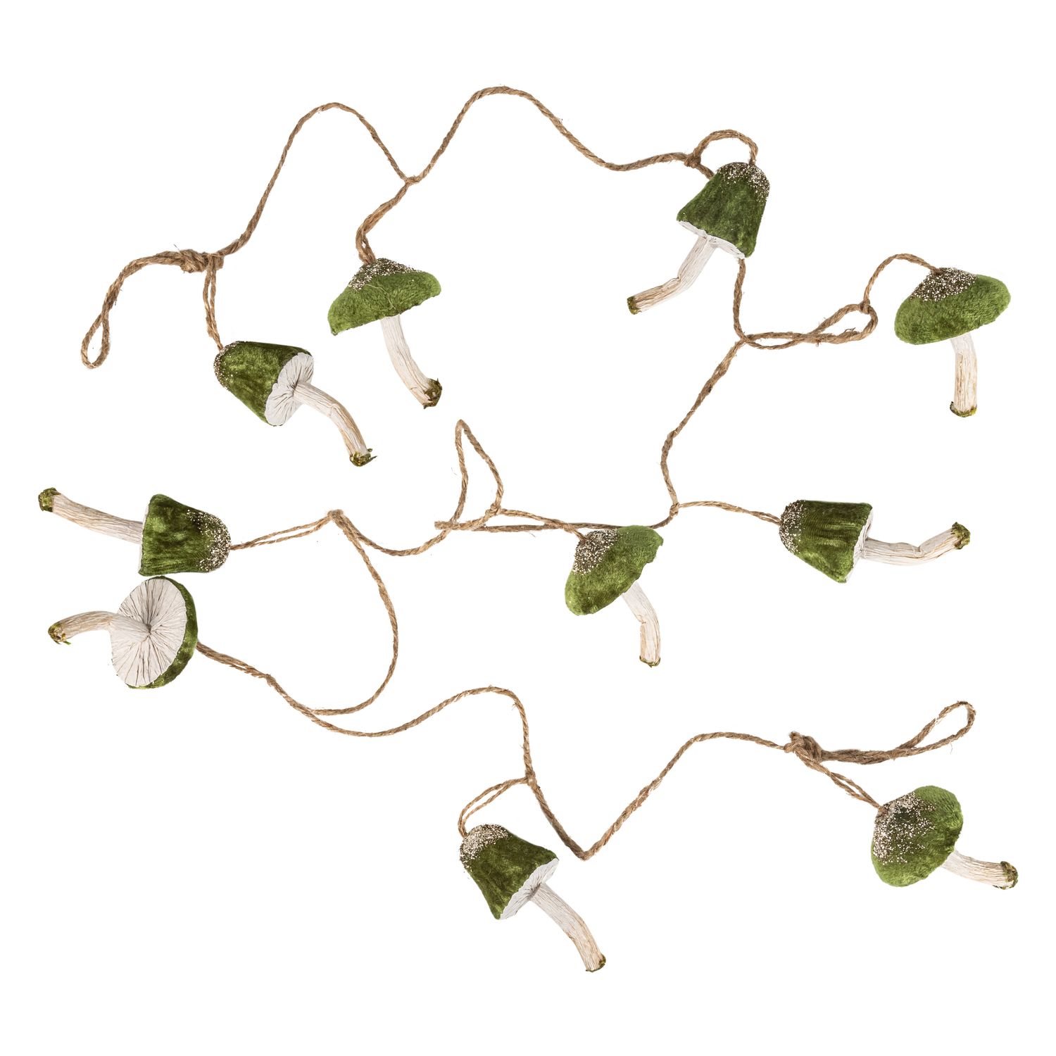 Velvet and paper mushroom garland, dark green velvet cap with natural paper stem, 72 in  4