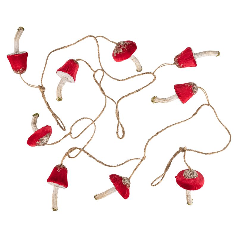 Velvet and paper mushroom garland, red velvet cap with natural paper stem, 72 in  4