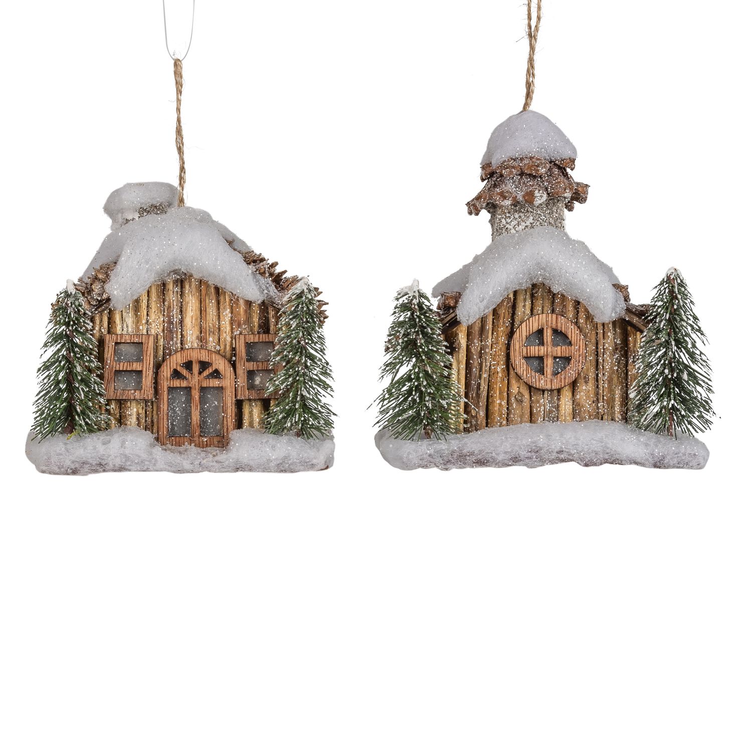 2 Asst&#39;d paper house ornament, dark brown with flocked snow capped roof, 4.5+6 in  6