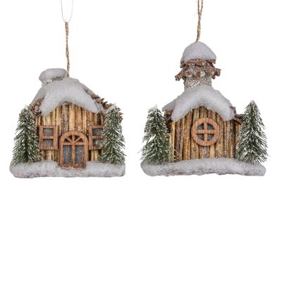 2 Asst&#39;d paper house ornament, dark brown with flocked snow capped roof, 4.5+6 in  6