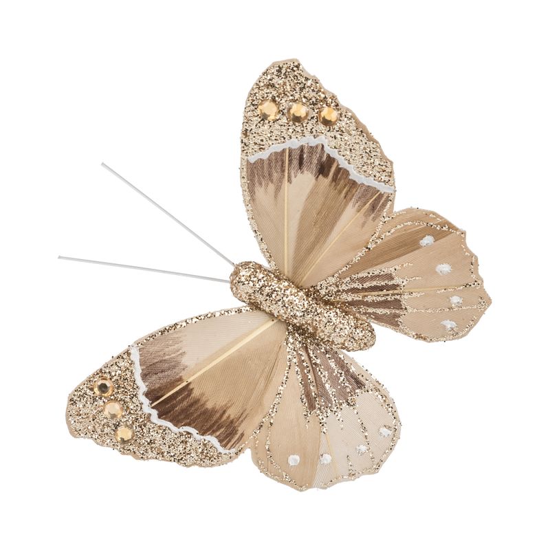 Butterfly clip ornament, natural and brown with beaded glitter detail, 3.5 in  24