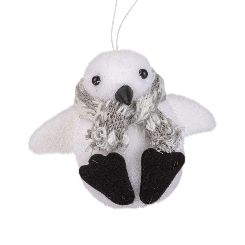 Flocked penguin ornament, baby white puffin with black feet, 4.5 in  12