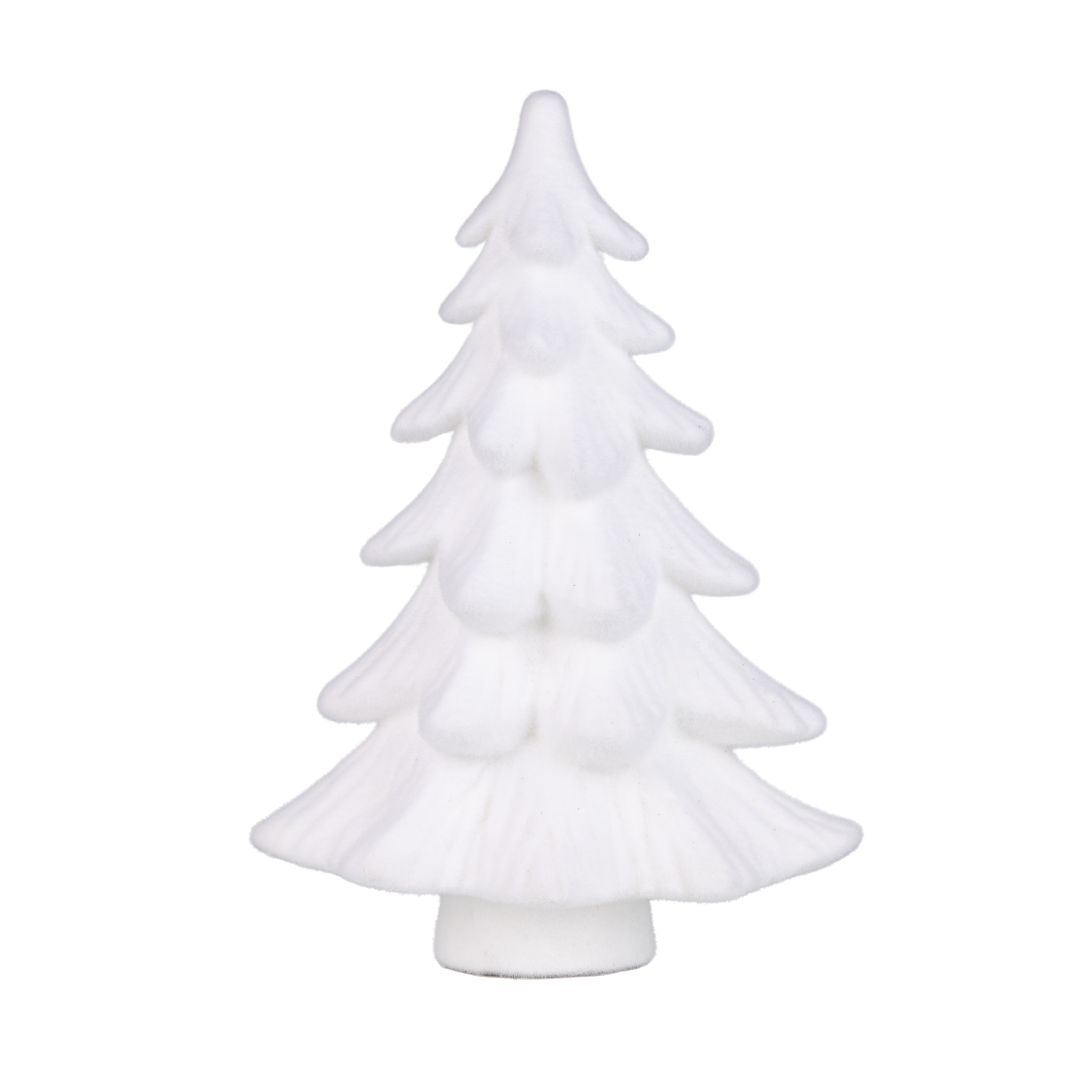 White flock tree table piece, tall white on white base, 20 in  2