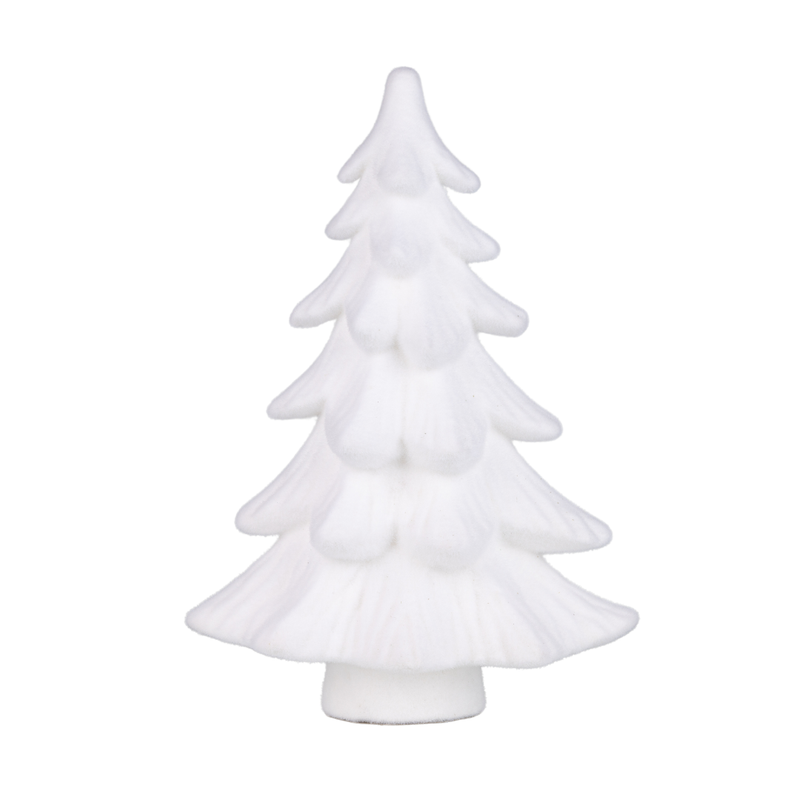 White flock tree table piece, tall white on white base, 20 in  2