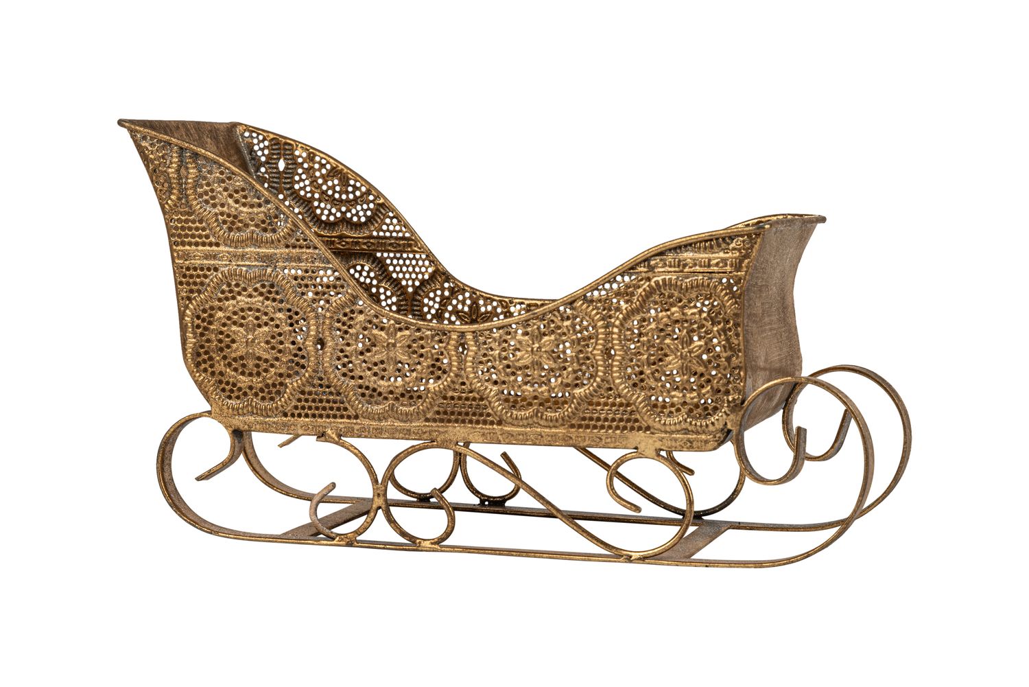 Medallion filigree metal sleigh table piece, gold, 10 in  2