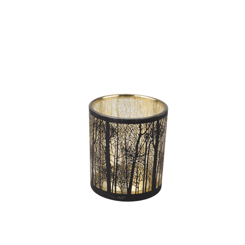 Glass holder table piece, clear glass with black rim and black trees, 3 in  12