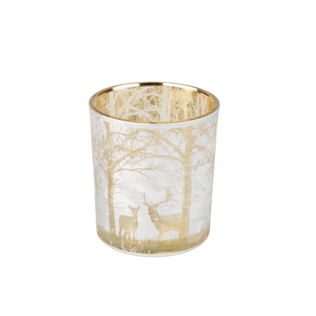 Glass holder table piece, frosted silver with gold stags in forest, gold interior, 4 in  6