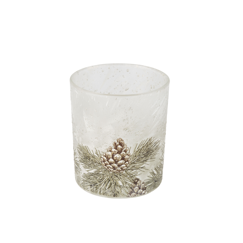 Glass holder table piece, matte white with frosted pinecone on green ivy, matte white interior, 4 in  6