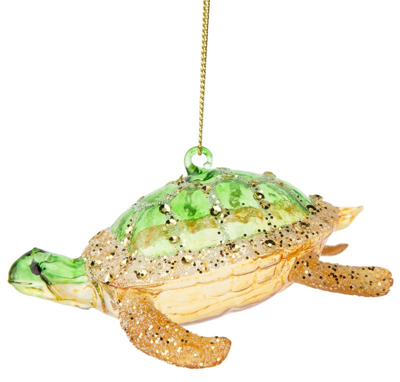 Blown glass turtle ornament, translucent green and gold with glitter accents, 4 in  6