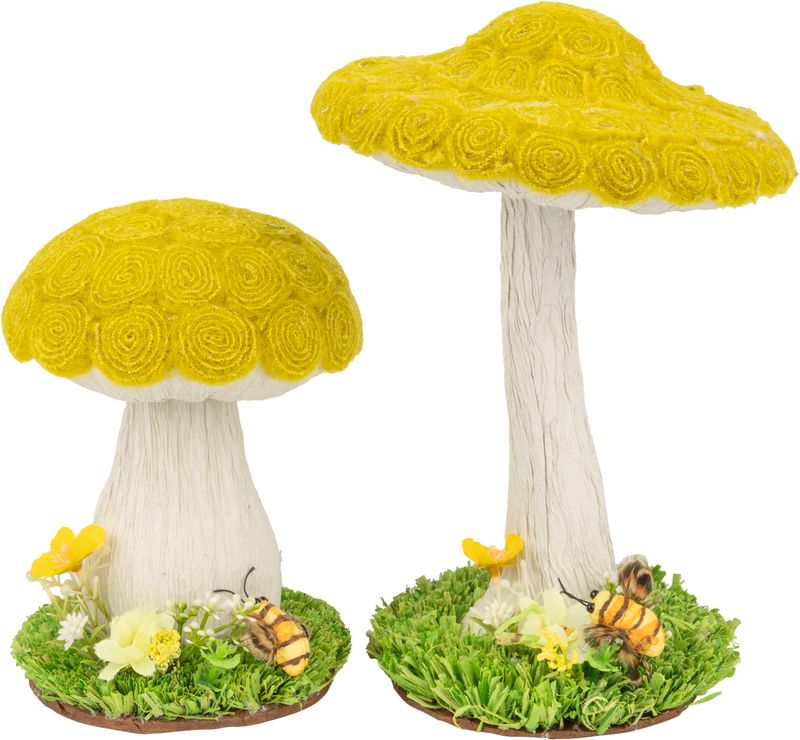 2 Asst&#39;d mushroom table piece, green woven floral, paper stem, green faux moss base, 6.75 in  4       