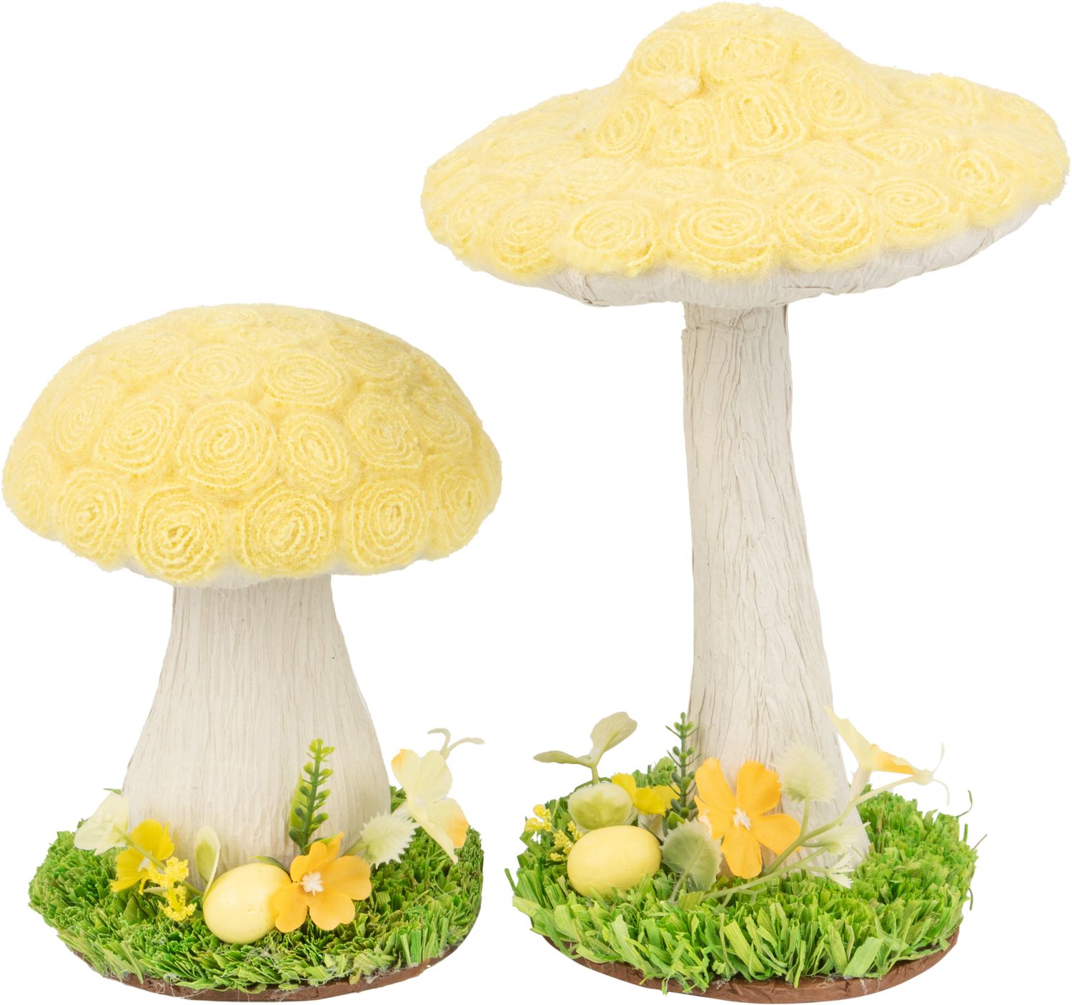 2 Asst&#39;d mushroom table piece, yellow woven floral, paper stem, green faux moss base, 10 in  4       
