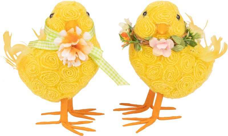 2 Asst&#39;d yellow chicks, woven floral pattern, w/flower trim, standing, 5.5 in  6       