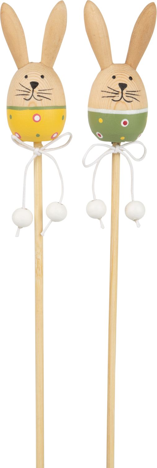 2 Asst&#39;d wood bunny picks, yellow and green with dangling legs, 10 in  24       