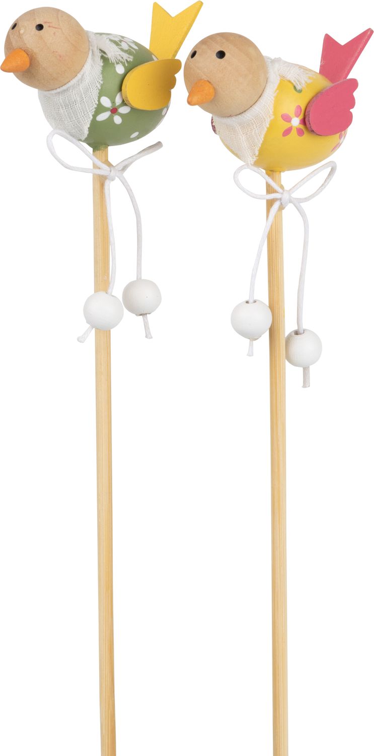 2 Asst&#39;d wood bird basket/flower pot picks, yellow and green with dangling legs, 10 in  24       