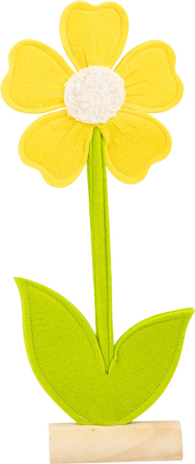 Yellow felt daisy table piece on wood base, 16 in  6