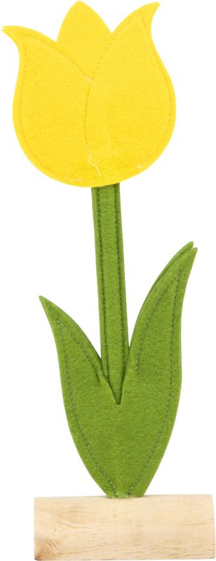 Small open yellow felt tulip table piece on wood base, 12 in  6       