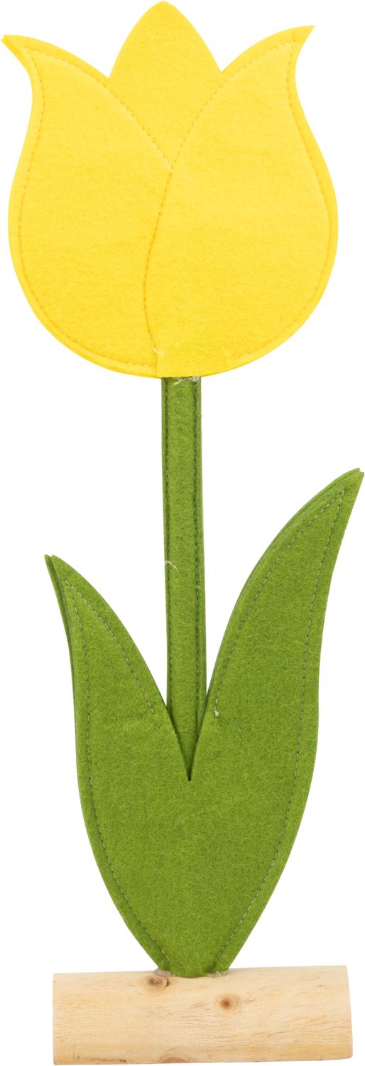 Large open yellow felt table piece tulip on wood base, 15.75 in  6