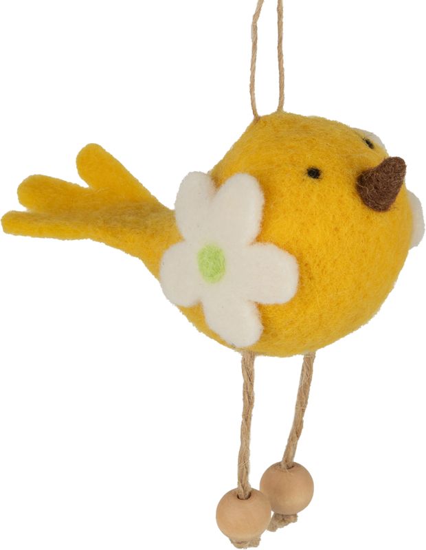 Felt bird ornament, yellow with jute legs, wood ball feet, 4.75 in  12       