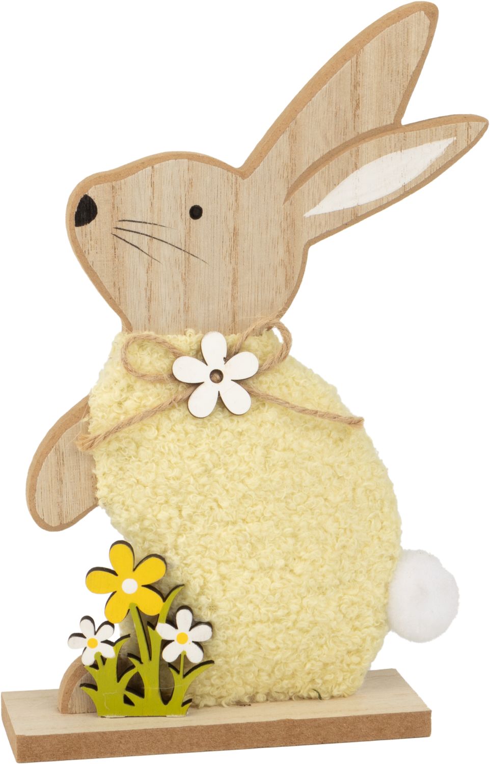 Wood bunny table piece with fluffy yellow plush body, wood base, pompom tail, 9.5 in  6       