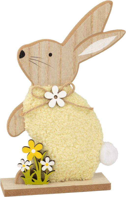Wood bunny table piece with fluffy yellow plush body, wood base, pompom tail, 9.5 in  6       
