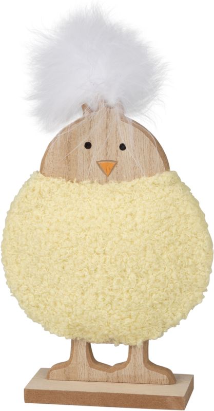 Wood chick table piece, plush yellow body, feather hair on wood base, 7.5 in  6       