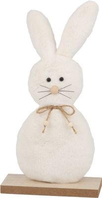 White plush bunny on wood base table piece, 11 in  12       