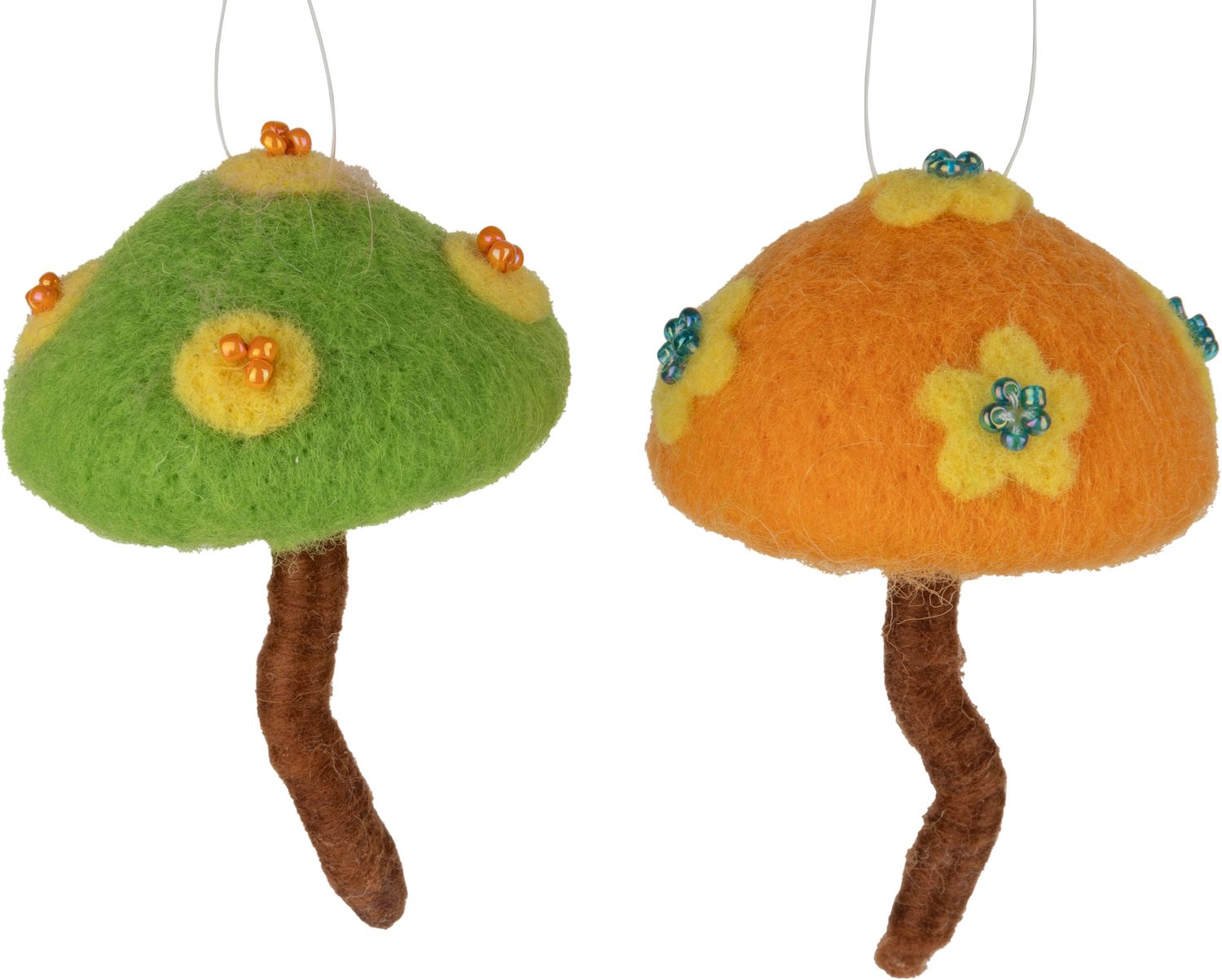 2 Asst&#39;d felt mushroom ornaments, orange and green, 3.25 in  12       