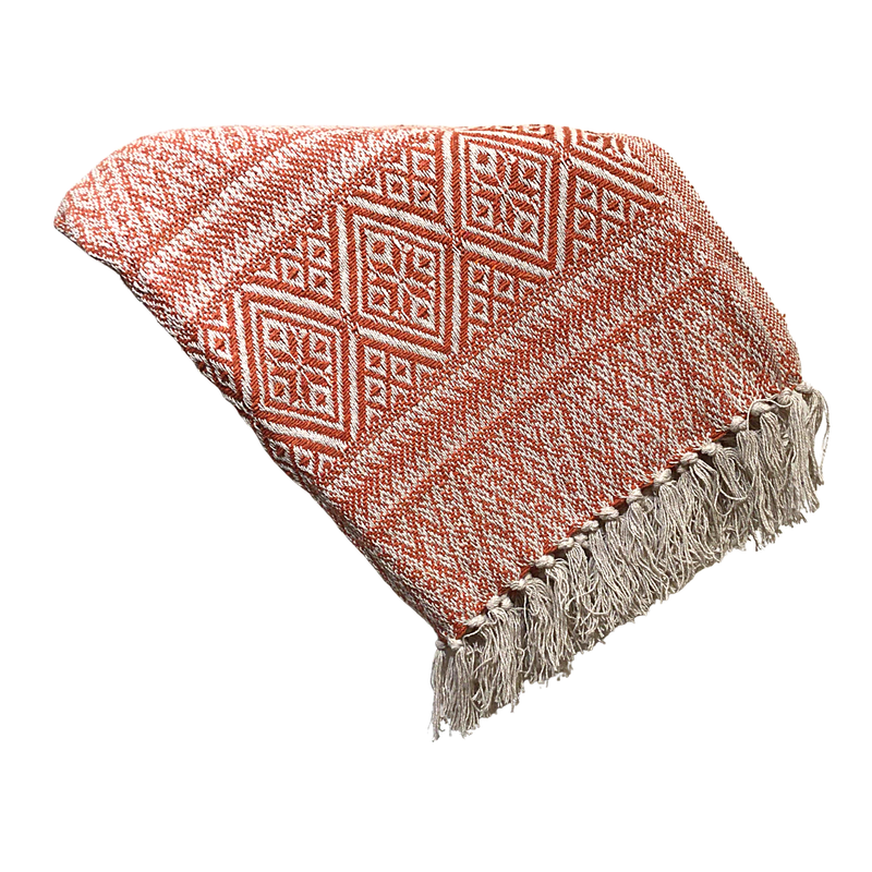 Multi size diamond pattern woven throw, orange and beige, 80% cotton, 20% polyester, 50x60 in  4              