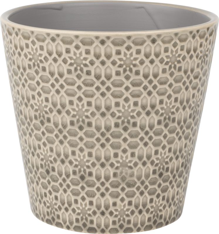 Tapered ceramic pot cover, geometric floral pattern, grey, 6.3x6.3x6 in  4              