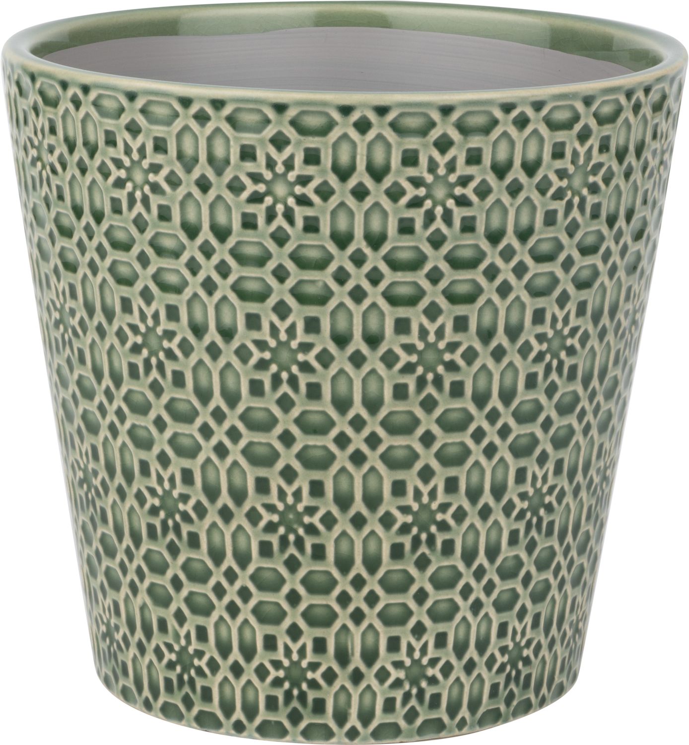 Tapered ceramic pot cover, geometric floral pattern, dark green, 6.3x6.3x6 in  4              