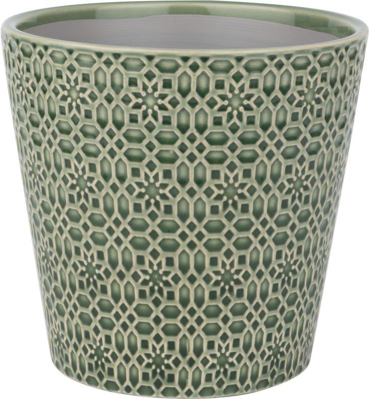 Tapered ceramic pot cover, geometric floral pattern, dark green, 6.3x6.3x6 in  4              