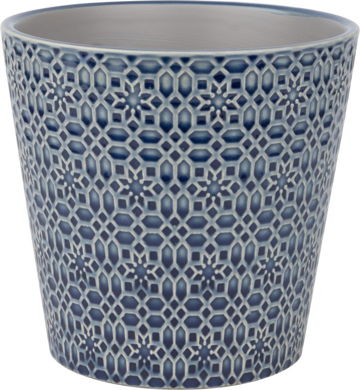Tapered ceramic pot cover, geometric floral pattern, dark blue, 6.3x6.3x6 in  4              