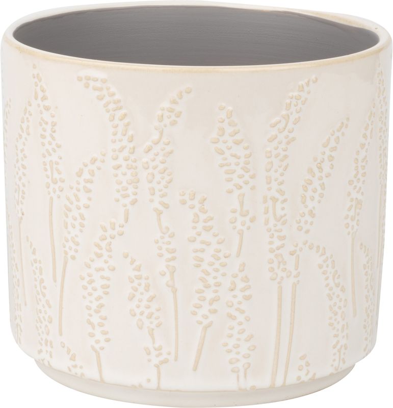Floral stem pattern ceramic pot cover, off white beige, 5x5x5 in  6           