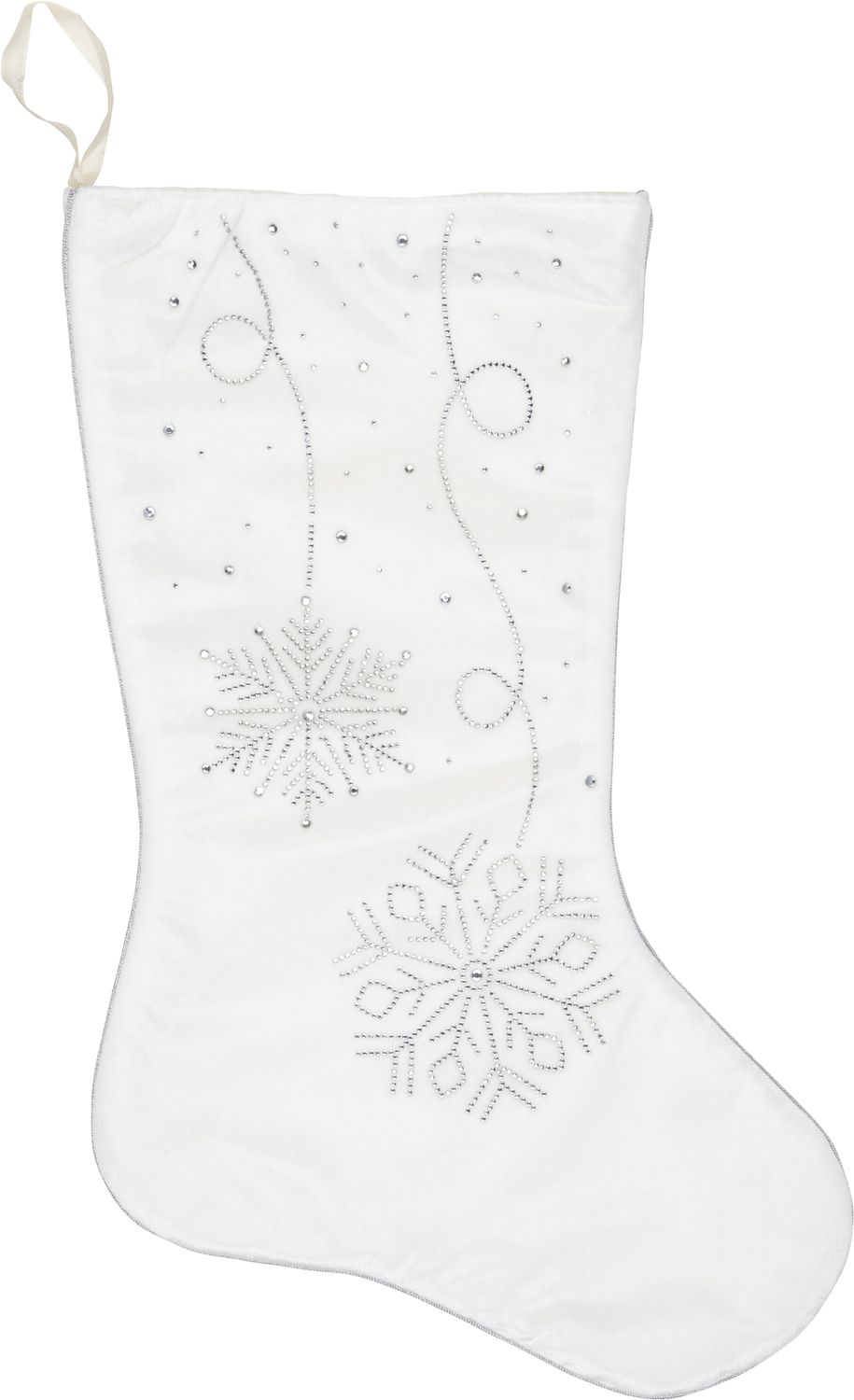 White velour stocking with clear crystal snowflake and streamer pattern, 18 in  6