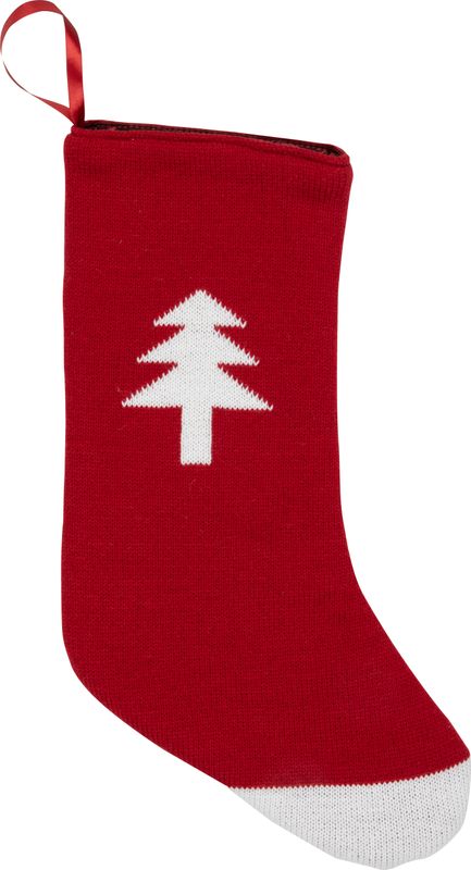 Red knit stocking with felt back, white tree and toe, loop for hanging, 18 in  6