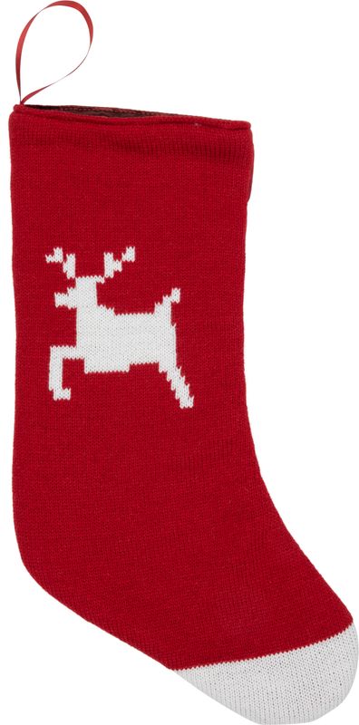 Red knit stocking with felt back, white reindeer and toe, loop for hanging, 18 in  6