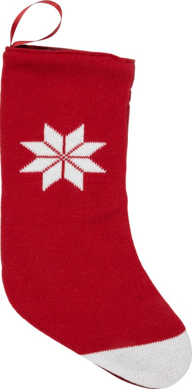 Red knit stocking with felt back, white snowflake and toe, loop for hanging, 18 in  6