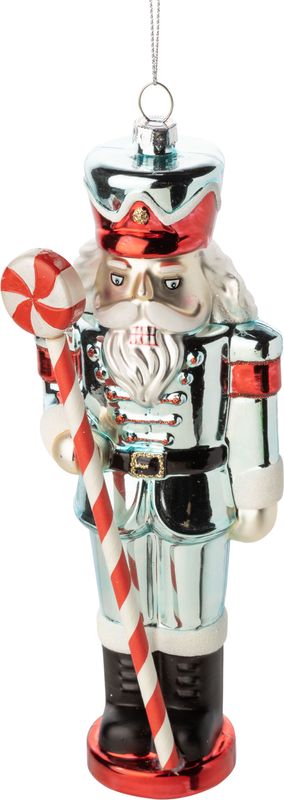 Glass large nutcracker ornament, light blue with red trim, candy cane staff, 8 in  6
