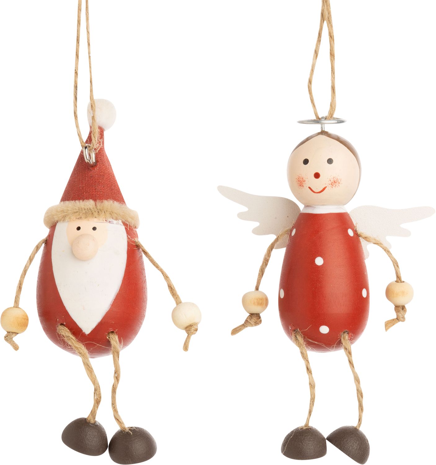2 Asst&#39;d painted wood Santa and angel ornaments, dangling legs, 3 in  12