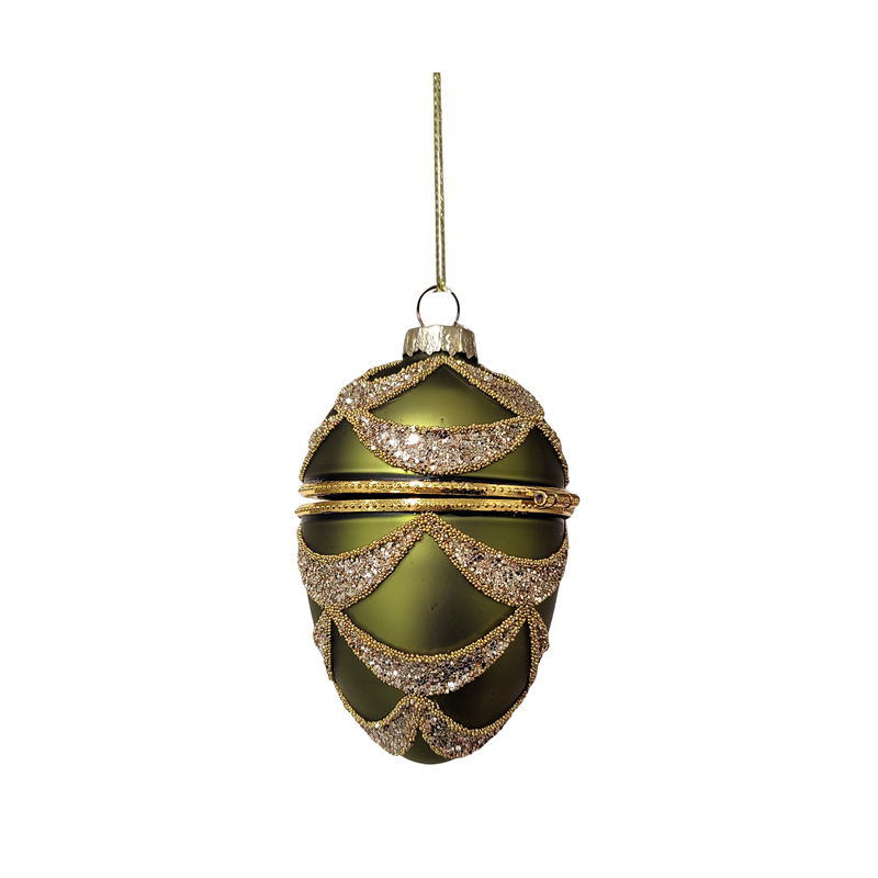Glass hinged keepsake ornament, dark green with gold and silver swags, 3.75 in  6