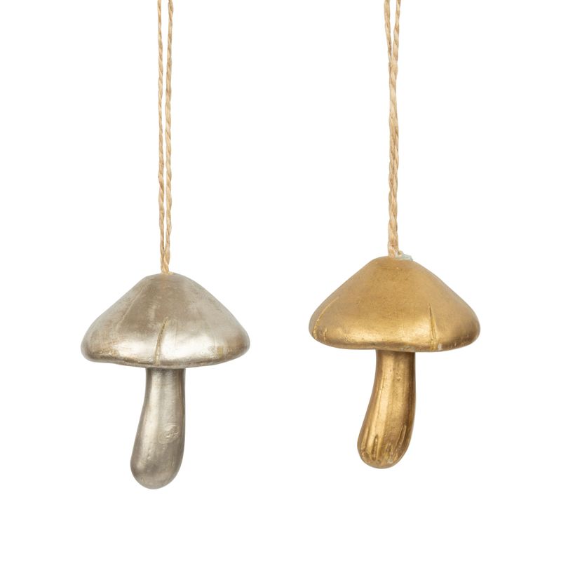 2 Asst&#39;d resin mushroom ornaments, antique gold &amp; silver finish, 2.75 in  24