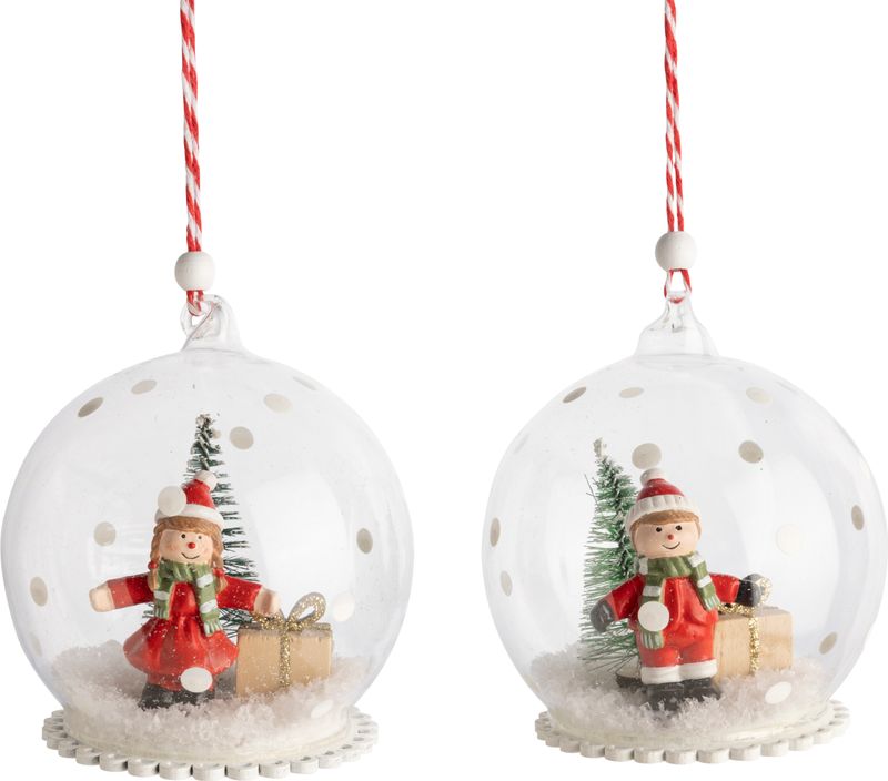 2 Asst&#39;d glass dome ornaments, boy and girl characters with snow, 2.5 in  8