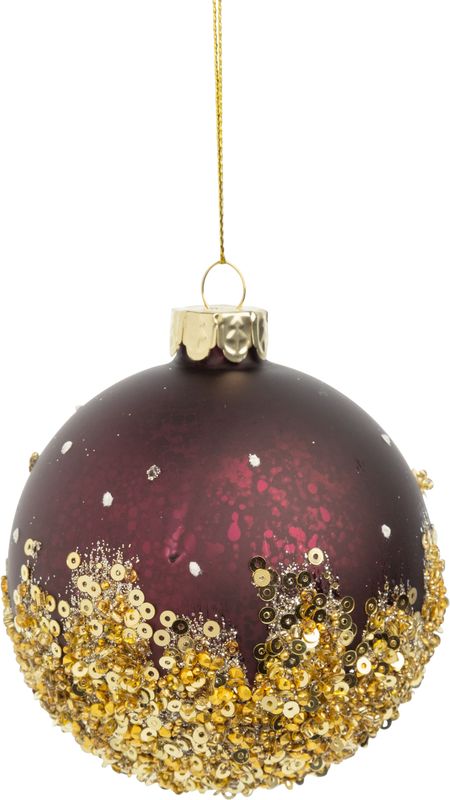 Glass ball ornament, brushed burgundy and gold with gold glitter and bead base, 80mm/3 in  12